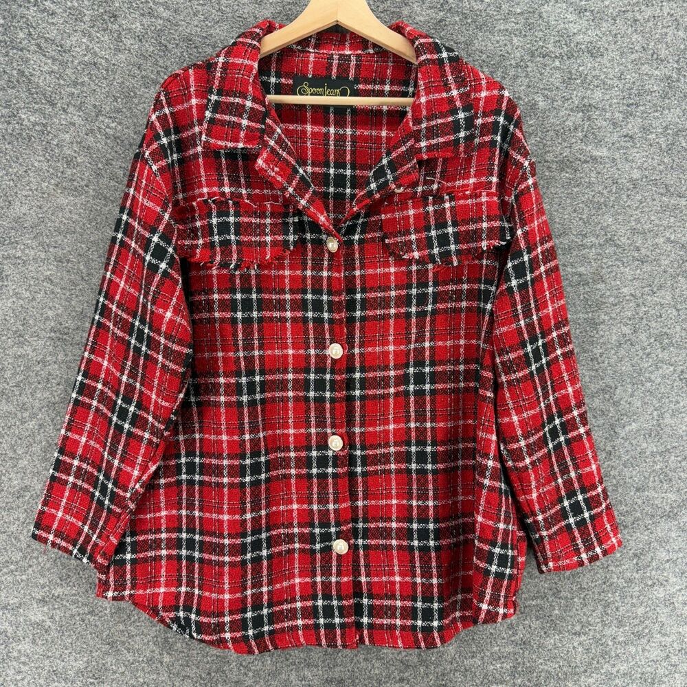 Spoon Jeans Shirt Women 1X Plus Red Plaid Button Up Collared Long Sleeve Casual
